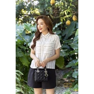 short sleeve A168 white and black striped shirt, black Q068 pants