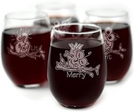 Drunk Owl Themed Engraved Stemless Wine Glasses - Set of 4