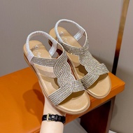 Flat Rhinestone Wedge Heels - Ladies Ethnic Bohemian Summer Sandal with Soft Sole