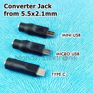 Dc Jack Adapter 55x21mm Female to Mini USB Micro USB Type C Converter DC to USB