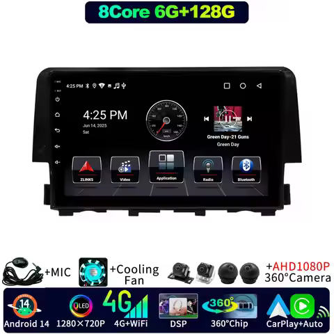 Android 14 For Honda Civic 10 FC FK FK 2015-2022 Car Radio Multimedia DVD Player Navigation 360 Pano