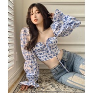 Blue floral printed bishop long sleeve blouse