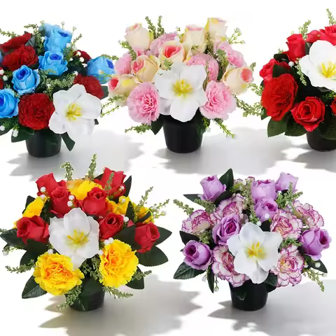 Artificial Cemetery Potted Flowers, Carnations Bud Roses Tulips, Outdoor Graveside Grave Decor for F