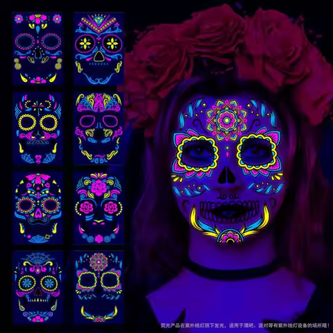 1/4/8PCS Waterproof Fluorescent Temporary Tattoo Neon Halloween Stickers Day of the Dead Party Festi