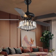 Living Room Antique Crystal Light Electric Fan Ceiling Fan Household Lamp Yida Mute American Lamp Lu