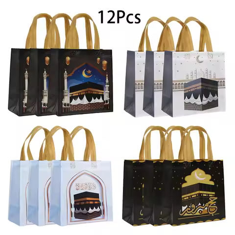12Pcs Eid Mubarak Theme Non-Woven Gift Packing Bag Moon Castle Shopping Tote Bags for Ramadan Islam 