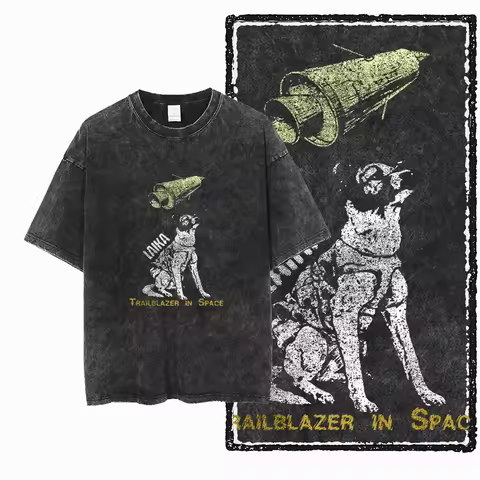 DCA LAIKA DOG Printed Acid Washed Cotton Streetwear Exclusive Graphic Unisex T Shirt Cool Vintage Me