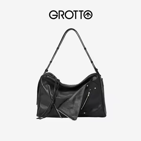 GROTTO Women Shoulder Bag Motorcycle Style Zipper Rivet Soft Leather Design Simple Niche Design Comm