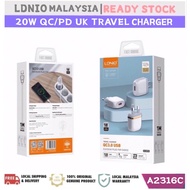 🇲🇾*Ready Stock*💯% Original Ldnio (A2316C-UK) 20W 2USB Ports Quick Charge PD+QC3.0 UK Plug Travel Cha