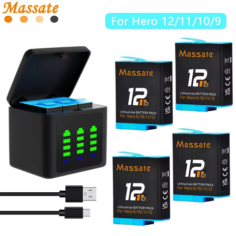 Massate 2000mAh GoPro Hero 12 Rechargeable Li-ion Battery +3-Slots Storage Charger Box For GoPro Her