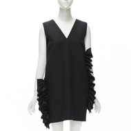 MSGM black structured ruffles V neck logo zip mini dress IT40 S