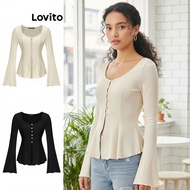 Lovito Women's Casual T-Shirt with Asymmetrical Button Front and Corset Design in Multi-color L52AD1