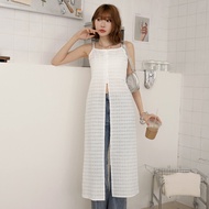 OB Strictly Selected Micro-Transparent Embossed Slit Thin Shoulder Strap Long Blouse Vest < AB21246 