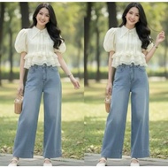 AN969-2XL Cream Shirt Set With Collar Long Jeans The Alner Label Size 2XL