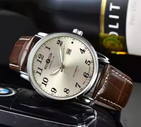 Fashionable and Minimalist Zeppelin Three Needle Automatic Date Men's Watch, Premium Leather Strap, 