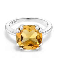 925 Sterling Silver Yellow Citrine Double Prong Ring For Women (3.22 Cttw, Cushion Cut 10MM, Gemston
