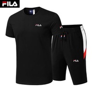FILA 斐樂運動套裝 兩件套 圓領短袖T恤+五分短褲 棉質 刺繡logo 韓版 修身休閒 素色簡約 健身 慢跑 高爾夫