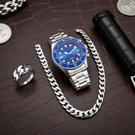 Gents 4-Piece Quartz Gift Set: Waterproof Luminous Calendar Watch with Chain Bracelet Ring – Daily/B