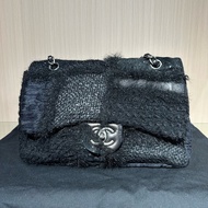 Chanel香奈儿黑银CF乞丐毛呢拼接Jumbo链条包 限量款