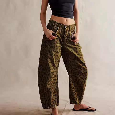 Women Leopard Barrel Jeans Y2k Cheetah Printed Baggy Boyfriend Jeans Mid Rise Wide Leg Denim Pants H