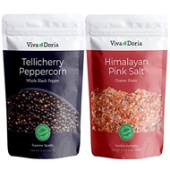 Viva Doria Tellicherry Peppercorn - Black Peppercorns (Steam Sterilized Whole Black Pepper) 12 oz and Himalayan Pink Salt (Coarse Grain) 2 lb for Grinder Refills