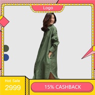 Xxx Korean silk linen shirt dress, long silhouette, deep tail cut LAHSTORE (Moss Green)