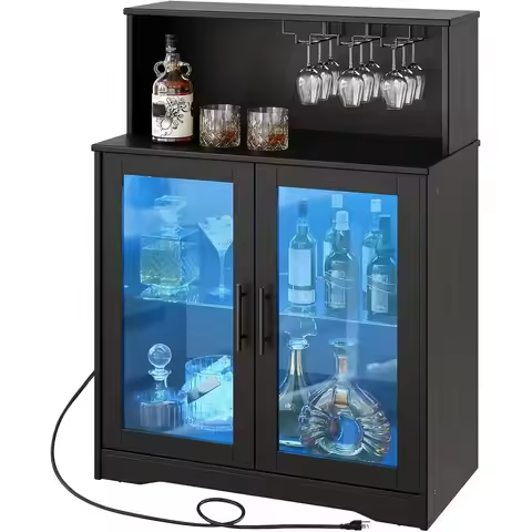 Illuminated Home Bar Cabinet with Wine Rack and Glass Holder for Kitchen, Dining, or Living Room - B