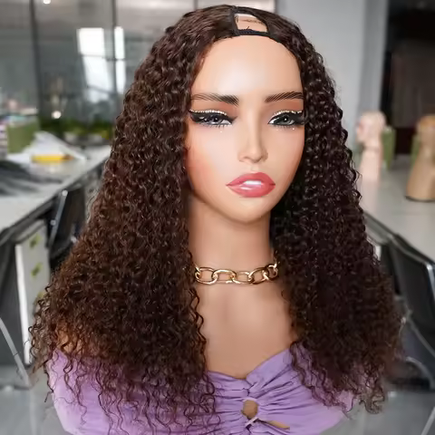 Brown Black V Part Wig Jerry Curly Wig with Clips 100% Human Hair Wigs for Women Glueless Machine Ma