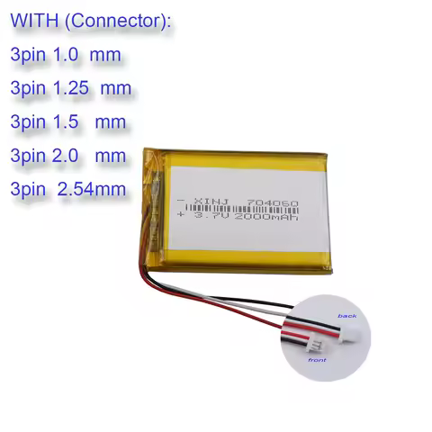 3.7V 2000mAh 7.4Wh Rechargeable Li-polymer Li Lithium Battery 704060 JST 3Pin 1.0 1.25 1.5 2.54 Conn