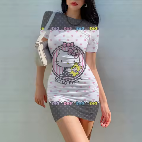 Y2K Hello Kitty printed jumpsuit sleeveless mini skirt summer casual tight elastic women's dress clu