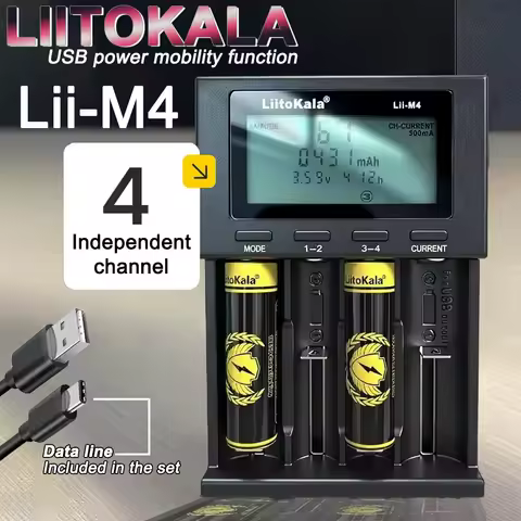 LiitoKala Lii-M4 Universal 4-Slot Battery Charger for 18650/21700/26650/AA/AAA - LCD Display & Capac