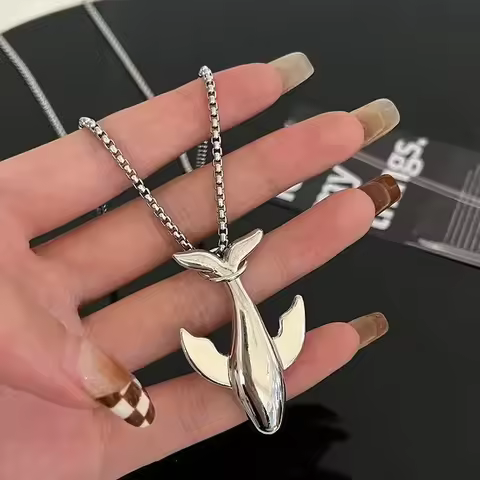 Trend Stainless Steel Chain Whale Pendant Necklace for Men Women Exquisite Silver Color Cross Long S