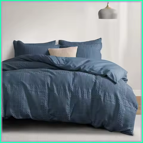 King Size 100% Cotton Waffle Duvet Cover Set, 3 Pieces Soft Breathable All Season Comforter Cover wi