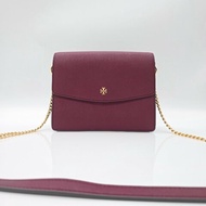 （超～新❤️閒置品）TORY BURCH  雙T LOGO 莓果酒紅 防刮牛皮 雙層翻蓋 風琴包 肩背包 斜背包 鏈條包