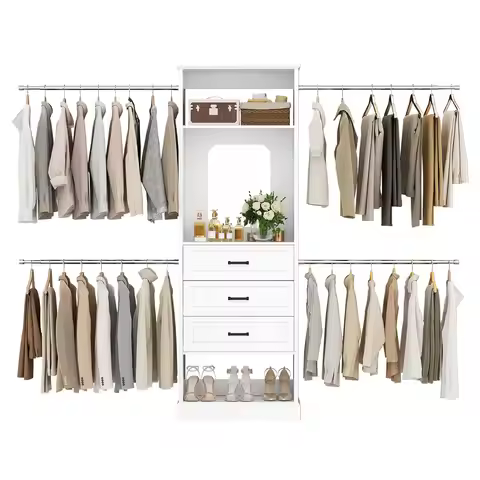 4-9FT Wardrobe System with Mirror & 3 Drawers, 4 Hanging Rods, Wood Garment Rack, 25" Tower, Walk-in