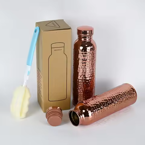 800ML Electroplated Copper Water Bottle​ ​One-Click Open Lid​ Anti-Slip​ ​Hammer Pattern Bottle​ Spo