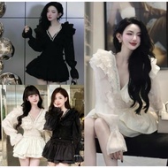 LONG-Sleeve V-Neck Stone Chiffon SET WITH BIGSIZE SKIRT 60-90KG