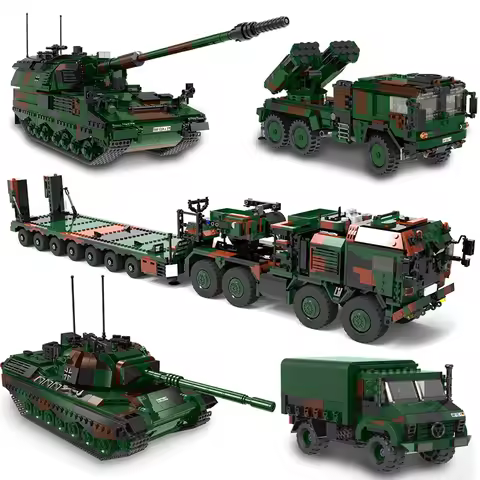 The Military High-Tech Army German Leopard 1 PZH2000 Cannon Lars-2 Rocket Armored Car Building Block