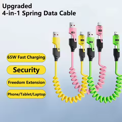 65W Quick Charger Spring USB Cable 4 in 1 Spring Data Cable 6A USB Type C Spring Telescopic Wire for