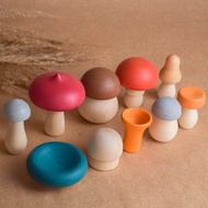 木製微型蘑菇雕像套裝用於情節角色扮演遊戲蒙特梭利玩具