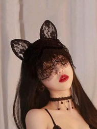 1入黑色性感貓耳頭箍蕾絲口罩眼罩網紗花飾