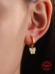 1對女式純銀s925帶金電鍍和立體氧化鋯石蝴蝶造型耳環,時尚百搭日常佩戴珠寶禮物