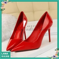 Versatile OL High Heels|LANA Red Black Pink Fashion Simple Patent Leather Shallow Mouth European Ame