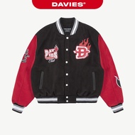 DAVIES black felt varsity Jacket with red sleeves embroidered with full 2-sided patterns, wide form,