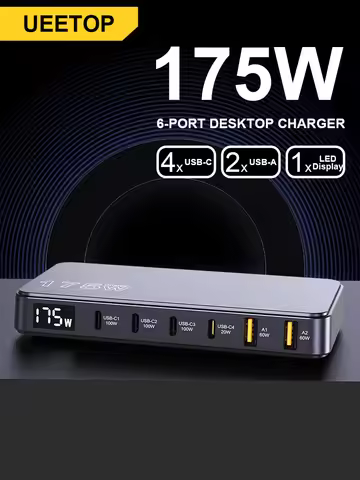 Ueetop 175W GaN USB C Charger LED Display 6-Port Desktop Charger Type C PD 100W PPS 45W Fast Chargin