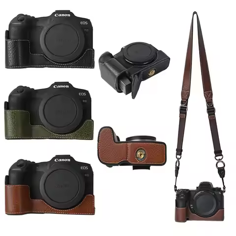 R8 Litchi PU Leather Half Body Protector for Canon EOS R8 Camera Case Bag Cover Bottom Opening Base