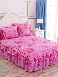 1入組多色雙層蕾絲單人床裙,不褪色、不起球、親膚柔軟、印花床罩,適用於家庭臥室,韓國風