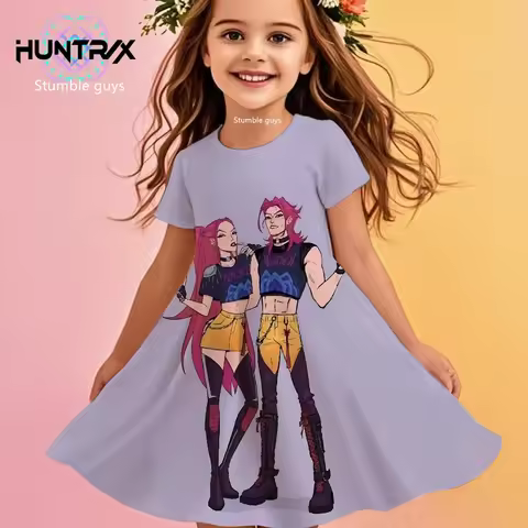 Girls Kpop Demon Hunters Toddler Dress Summer Kids Anime Cartoon Princess Beach Dress Casual Sleepwe