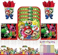 Super Mario Brothers Party Supplies Pack Serves 16: 7" Dessert Plates Beverage Napkins Cups and Table Cover with Birthday Candles (Bundle for 16)