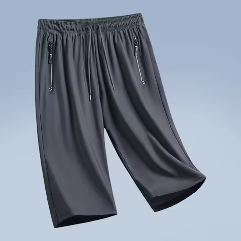Plus Size M-8XL Summer High Stretch Men's 3/4 Shorts Zippered Pocket Over Knee Pants Baggy Sports Sw